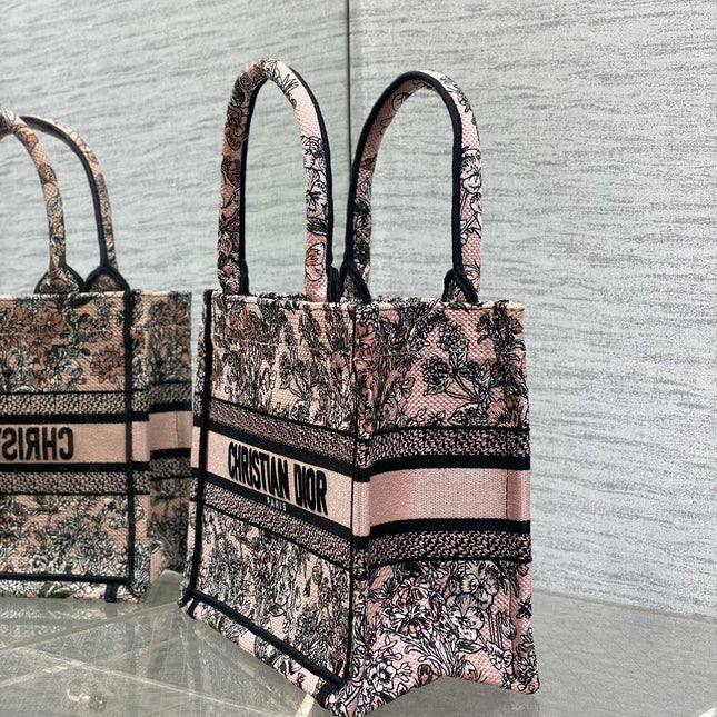DIOR 25S LUCKY SMALL DIOR BOOK TOTE 26 IN PINK MULTICOLOR DIOR FLOWERS CALENDAR ALLOVER EMBROIDERY