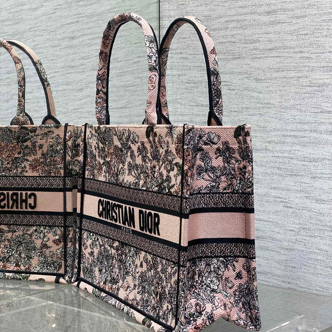 DIOR 25S LUCKY MEDIUM DIOR BOOK TOTE 36 IN PINK MULTICOLOR DIOR FLOWERS CALENDAR ALLOVER EMBROIDERY