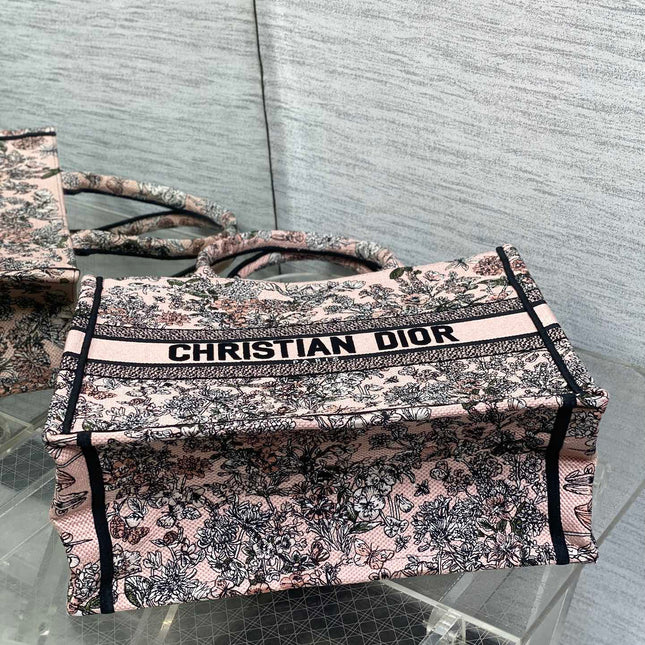 DIOR 25S LUCKY MEDIUM DIOR BOOK TOTE 36 IN PINK MULTICOLOR DIOR FLOWERS CALENDAR ALLOVER EMBROIDERY