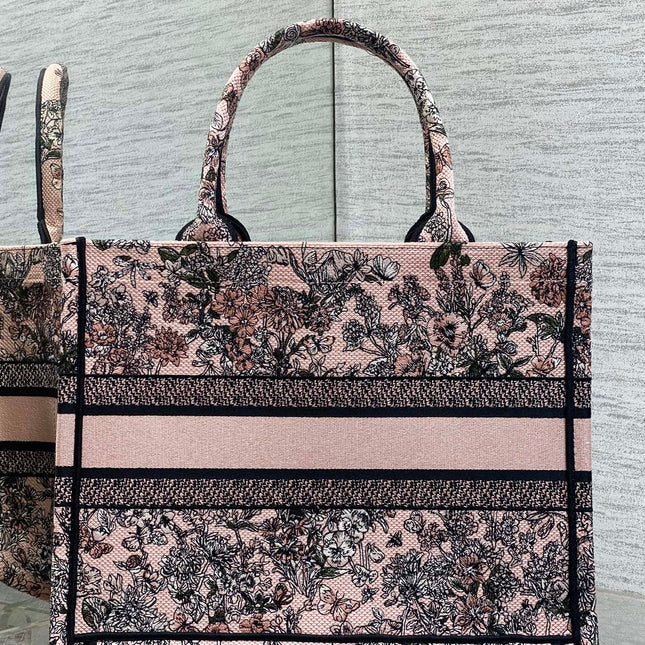 DIOR 25S LUCKY MEDIUM DIOR BOOK TOTE 36 IN PINK MULTICOLOR DIOR FLOWERS CALENDAR ALLOVER EMBROIDERY