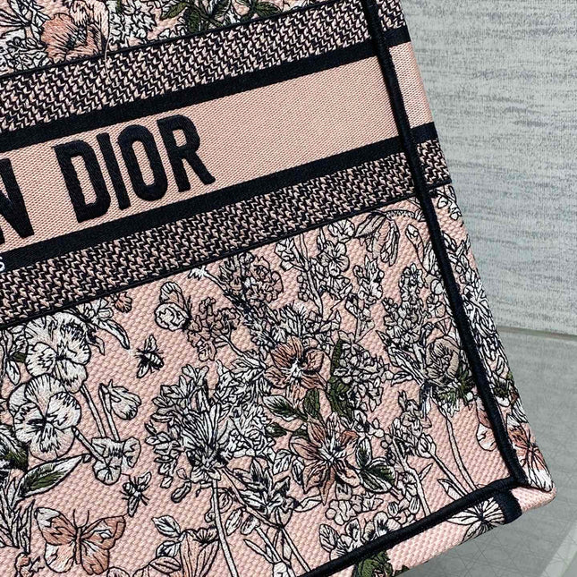 DIOR 25S LUCKY LARGE DIOR BOOK TOTE 42 IN PINK MULTICOLOR DIOR FLOWERS CALENDAR ALLOVER EMBROIDERY