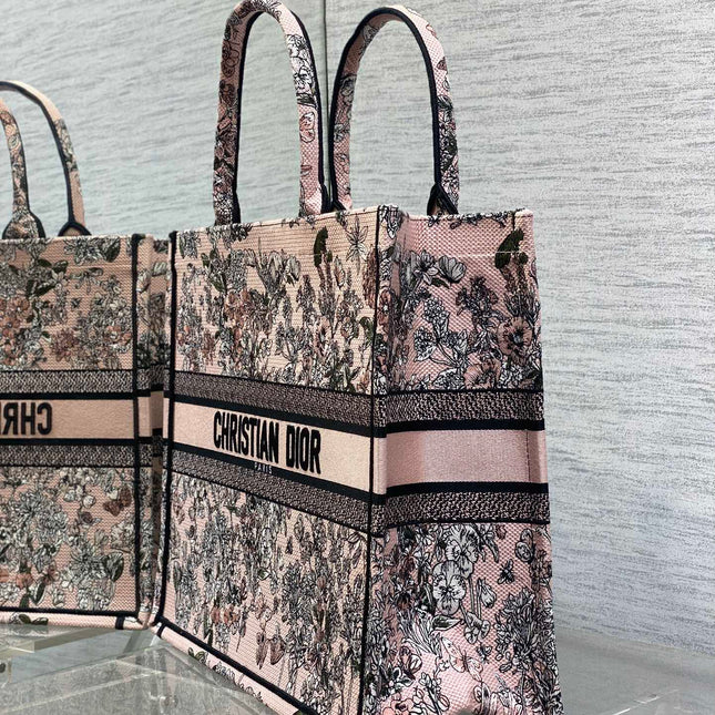 DIOR 25S LUCKY LARGE DIOR BOOK TOTE 42 IN PINK MULTICOLOR DIOR FLOWERS CALENDAR ALLOVER EMBROIDERY