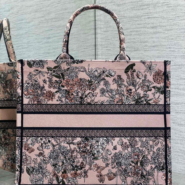DIOR 25S LUCKY LARGE DIOR BOOK TOTE 42 IN PINK MULTICOLOR DIOR FLOWERS CALENDAR ALLOVER EMBROIDERY