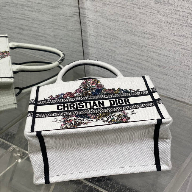 DIOR 25S LUCKY SMALL DIOR BOOK TOTE 26 IN WHITE MULTICOLOR DIOR STAR EMBROIDERY