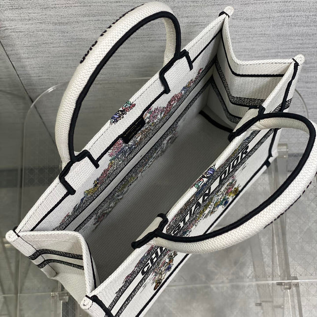 DIOR 25S LUCKY MEDIUM DIOR BOOK TOTE 36 IN WHITE MULTICOLOR DIOR STAR EMBROIDERY