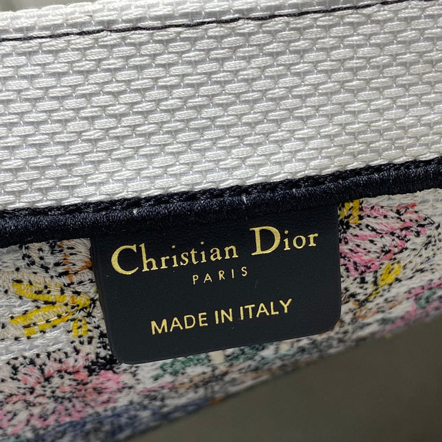 DIOR 25S LUCKY LARGE DIOR BOOK TOTE 42 IN WHITE MULTICOLOR DIOR STAR EMBROIDERY