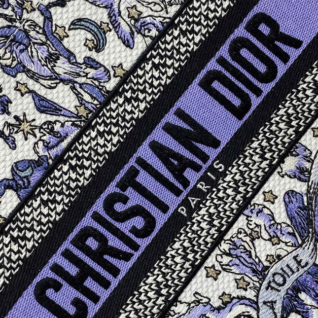 DIOR 25S SMALL BOOK TOTE 26 IN WHITE AND PURPLE DIOR NIGHT OF DREAMS EMBROIDERY
