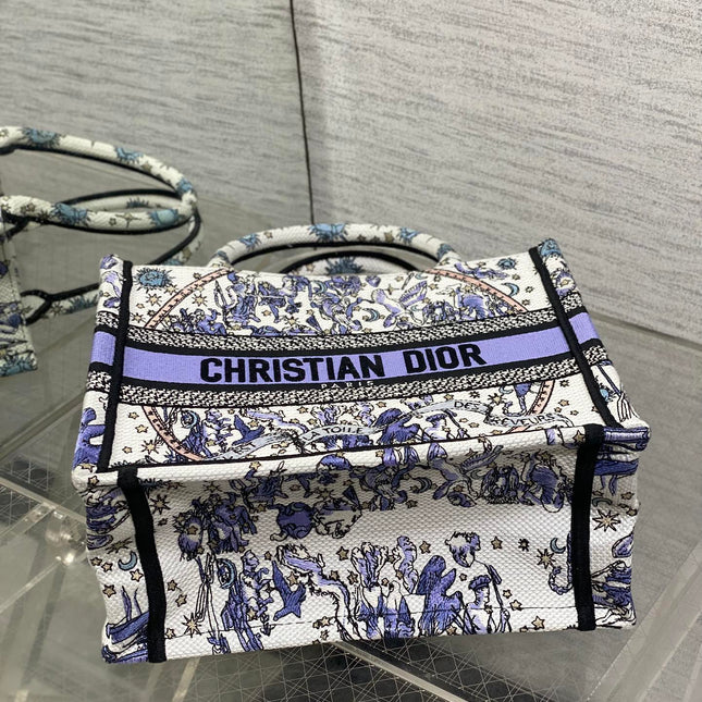 DIOR 25S SMALL BOOK TOTE 26 IN WHITE AND PURPLE DIOR NIGHT OF DREAMS EMBROIDERY