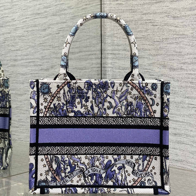 DIOR 25S SMALL BOOK TOTE 26 IN WHITE AND PURPLE DIOR NIGHT OF DREAMS EMBROIDERY