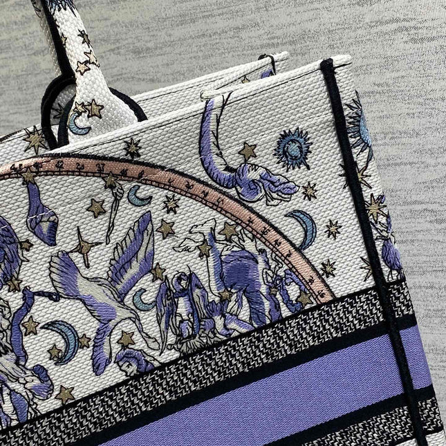 DIOR 25S LARGE BOOK TOTE 42 IN WHITE AND PURPLE DIOR NIGHT OF DREAMS EMBROIDERY
