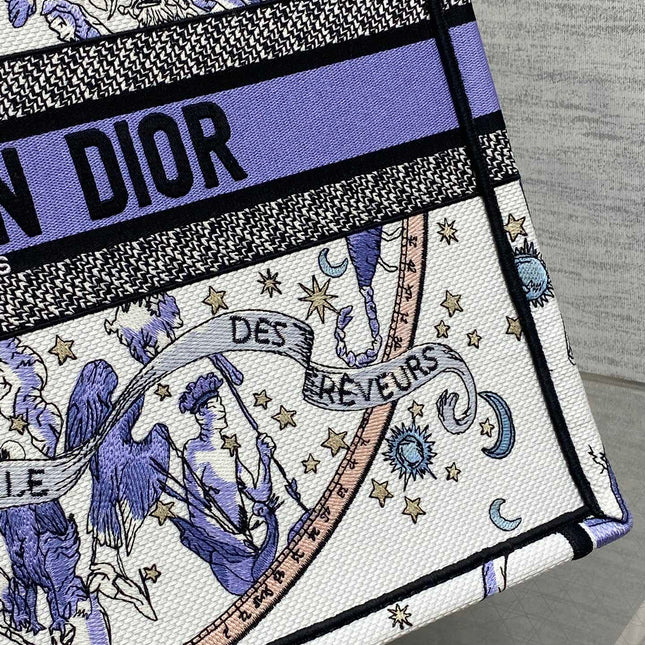 DIOR 25S LARGE BOOK TOTE 42 IN WHITE AND PURPLE DIOR NIGHT OF DREAMS EMBROIDERY