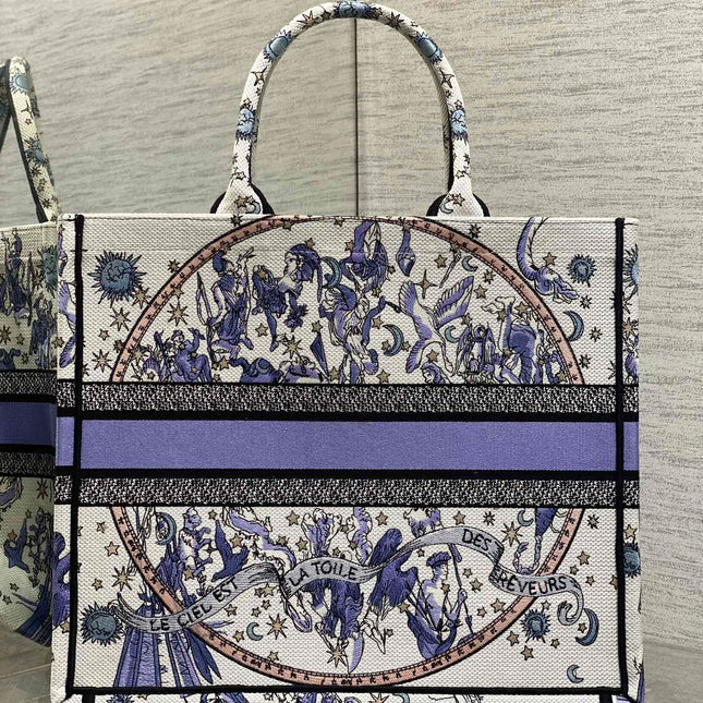 DIOR 25S LARGE BOOK TOTE 42 IN WHITE AND PURPLE DIOR NIGHT OF DREAMS EMBROIDERY