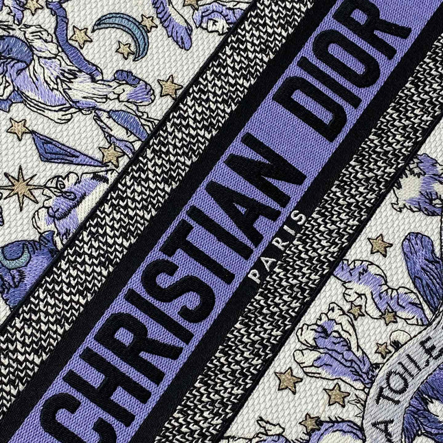 DIOR 25S LARGE BOOK TOTE 42 IN WHITE AND PURPLE DIOR NIGHT OF DREAMS EMBROIDERY