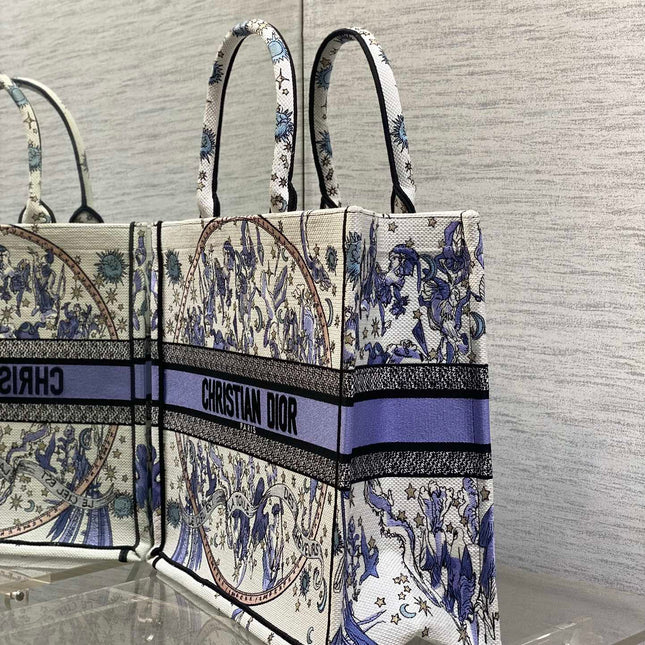 DIOR 25S LARGE BOOK TOTE 42 IN WHITE AND PURPLE DIOR NIGHT OF DREAMS EMBROIDERY