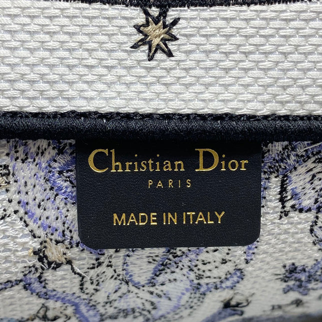 DIOR 25S LARGE BOOK TOTE 42 IN WHITE AND PURPLE DIOR NIGHT OF DREAMS EMBROIDERY