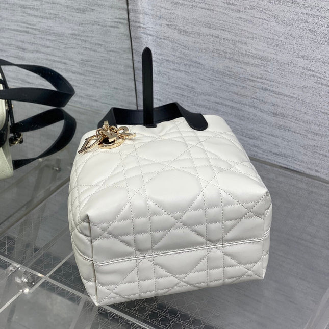 DIOR 25S TOUJOURS VERTICAL NANO TOTE BAG 18 IN IVORY BLACK MACROCANNAGE CALFSKIN
