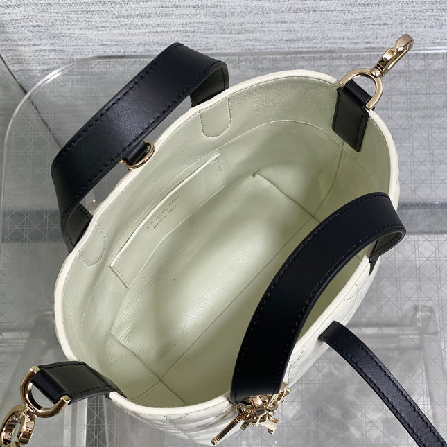 DIOR 25S TOUJOURS VERTICAL NANO TOTE BAG 18 IN IVORY BLACK MACROCANNAGE CALFSKIN