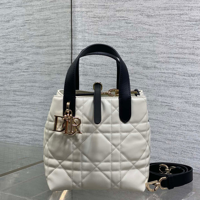 DIOR 25S TOUJOURS VERTICAL NANO TOTE BAG 18 IN IVORY BLACK MACROCANNAGE CALFSKIN
