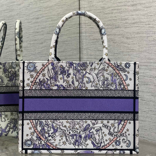 DIOR 25S LUCKY MEDIUM BOOK TOTE 36 IN WHITE AND PURPLE DIOR NIGHT OF DREAMS EMBROIDERY