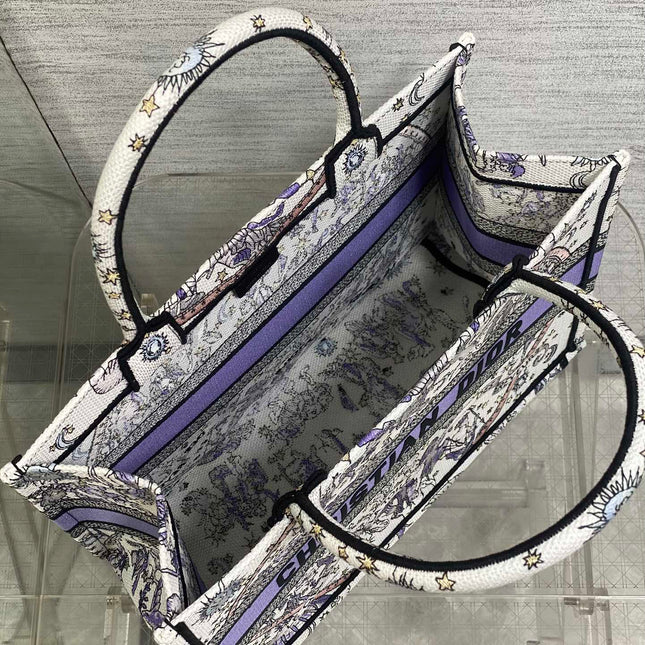 DIOR 25S LUCKY MEDIUM BOOK TOTE 36 IN WHITE AND PURPLE DIOR NIGHT OF DREAMS EMBROIDERY