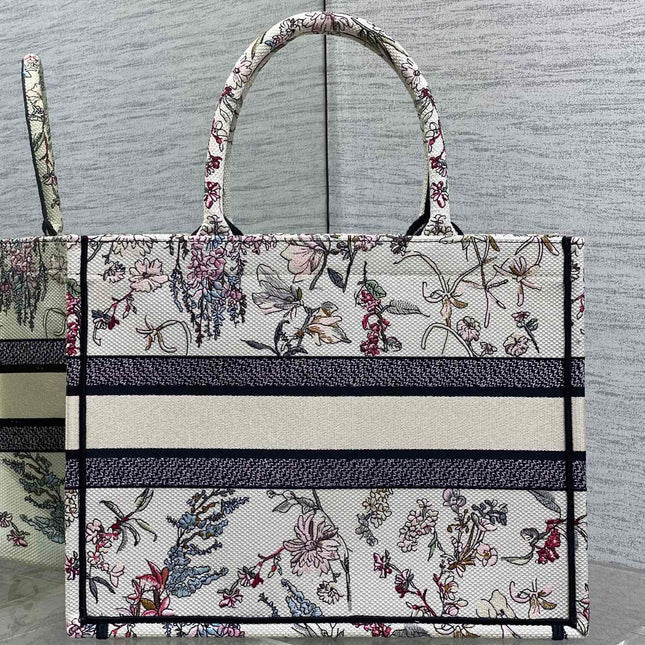 DIOR 25S MEDIUM BOOK TOTE 36 IN BEIGE CANVAS MILLEFIORI EMBROIDERY