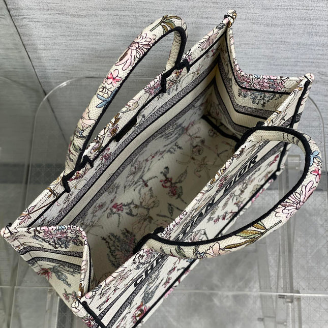 DIOR 25S MEDIUM BOOK TOTE 36 IN BEIGE CANVAS MILLEFIORI EMBROIDERY