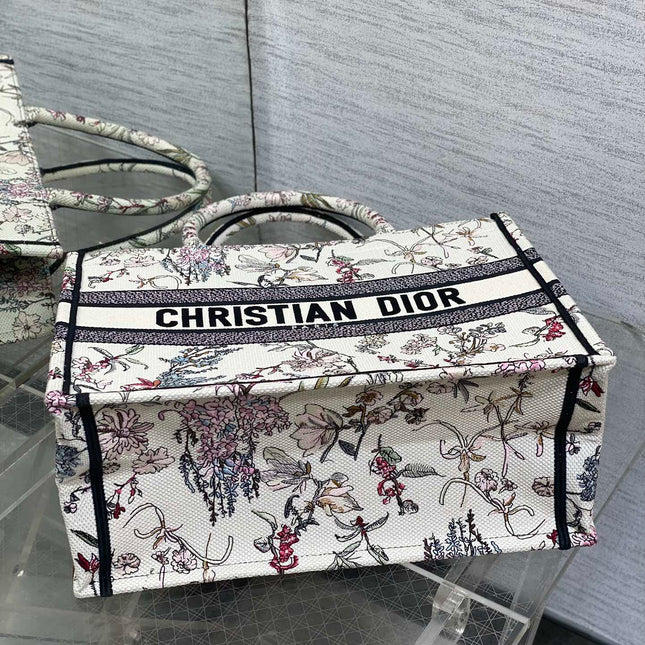 DIOR 25S MEDIUM BOOK TOTE 36 IN BEIGE CANVAS MILLEFIORI EMBROIDERY
