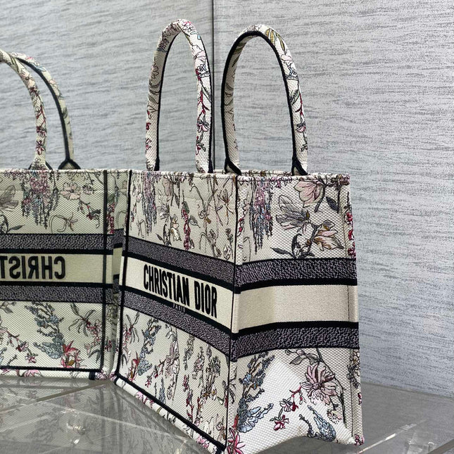 DIOR 25S MEDIUM BOOK TOTE 36 IN BEIGE CANVAS MILLEFIORI EMBROIDERY