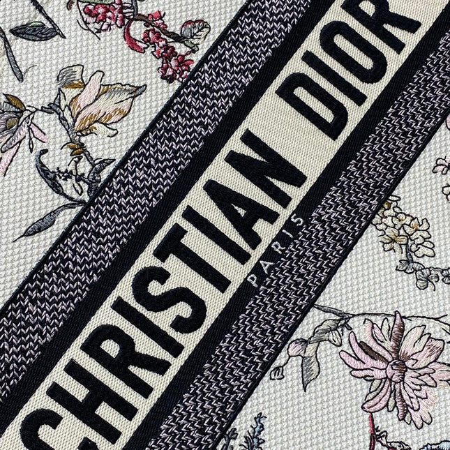 DIOR 25S MEDIUM BOOK TOTE 36 IN BEIGE CANVAS MILLEFIORI EMBROIDERY