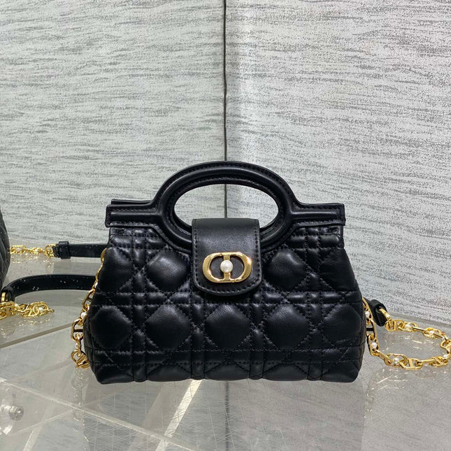 DIOR 25S JOLIE TOP HANDLE MINI BAG 18 IN BLACK CALFSKIN GOLD HARDWRE