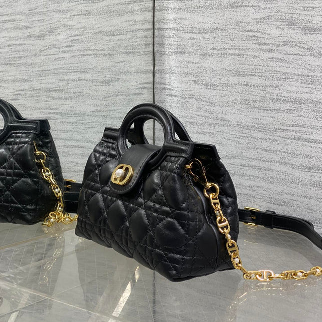 DIOR 25S JOLIE TOP HANDLE MINI BAG 18 IN BLACK CALFSKIN GOLD HARDWRE