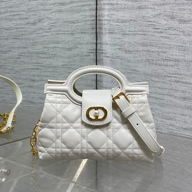 DIOR 25S JOLIE TOP HANDLE MINI BAG 18 IN WHITE CALFSKIN GOLD HARDWARE