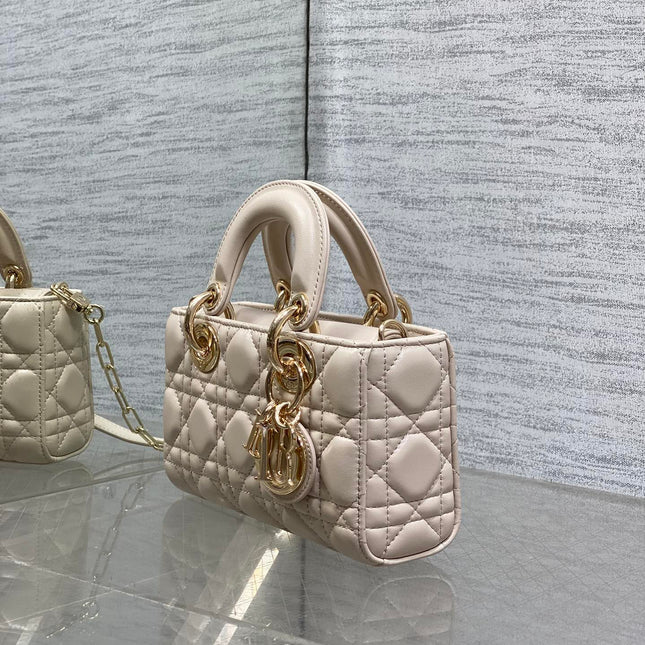 DIOR 25S MICRO LADY D-JOY 19 IN BEIGE CALFSKIN GOLD HARDWARE