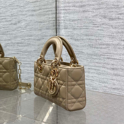 DIOR 25S SMALL LADY D‑JOY BAG 19 IN DARK BEIGE CANNAGE CALFSKIN GOLD HARDWARE