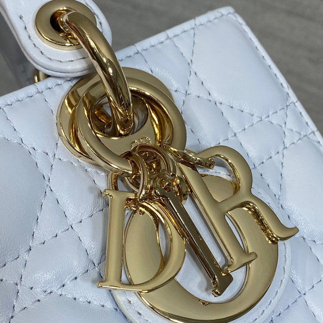 DIOR 25S SMALL LADY D‑JOY BAG 19 IN LIGHT BLUE CANNAGE CALFSKIN GOLD HARDWARE