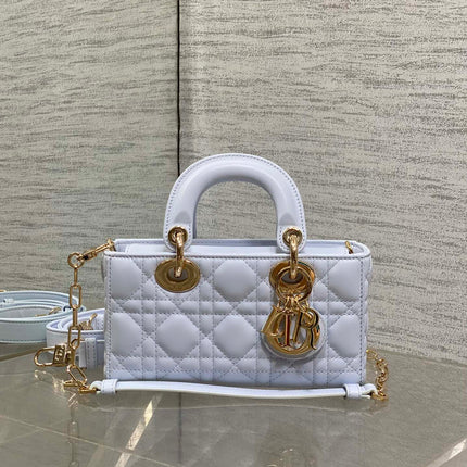 DIOR 25S SMALL LADY D‑JOY BAG 19 IN LIGHT BLUE CANNAGE CALFSKIN GOLD HARDWARE