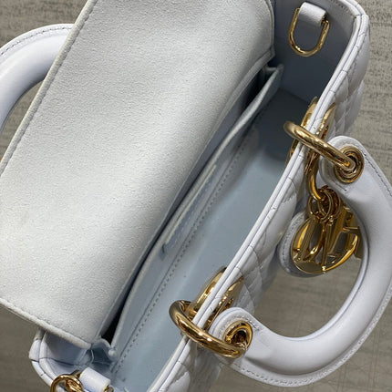 DIOR 25S SMALL LADY D‑JOY BAG 19 IN LIGHT BLUE CANNAGE CALFSKIN GOLD HARDWARE