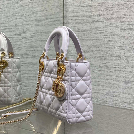 DIOR 25S MINI LADY DIOR BAG 17 IN LILAC CALFSKIN CHARM CRYSTAL EMBELLISHMENTS