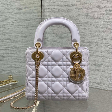 DIOR 25S MINI LADY DIOR BAG 17 IN LILAC CALFSKIN CHARM CRYSTAL EMBELLISHMENTS