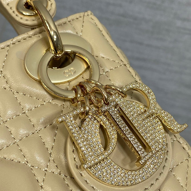 DIOR 25S MINI LADY DIOR BAG 17 IN BISCUIT CALFSKIN CHARM CRYSTAL EMBELLISHMENTS