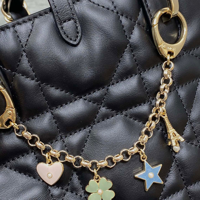 DIOR 25S TOUJOURS VERTICAL TOTE BAG 18 IN BLACK CALFSKIN WITH CHARM BRACELET STRAP