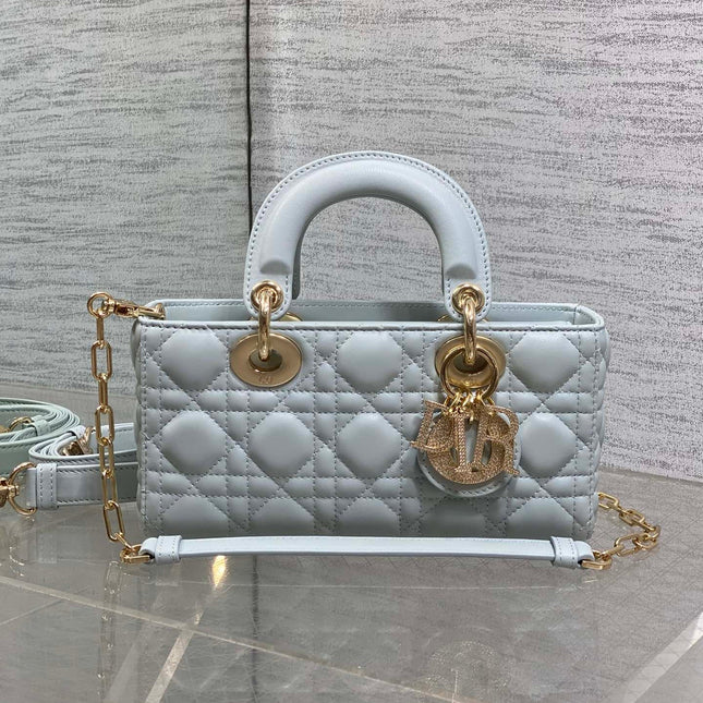 DIOR 25S SMALL LADY D‑JOY BAG 22 IN SHIRT BLUE CALFSKIN GOLD HARDWARE