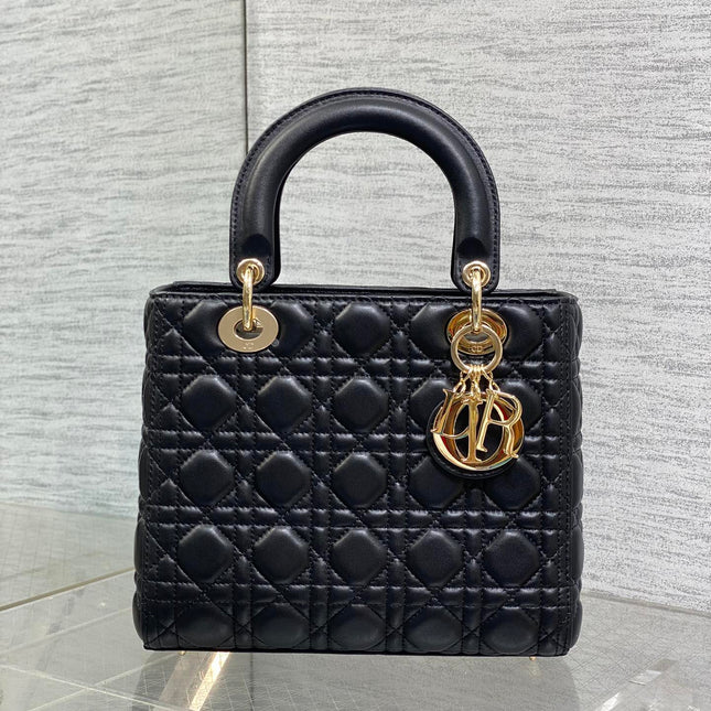 DIOR 25S MEDIUM LADY BAG 24 IN BLACK CALFSKIN GOLD HARDWARE