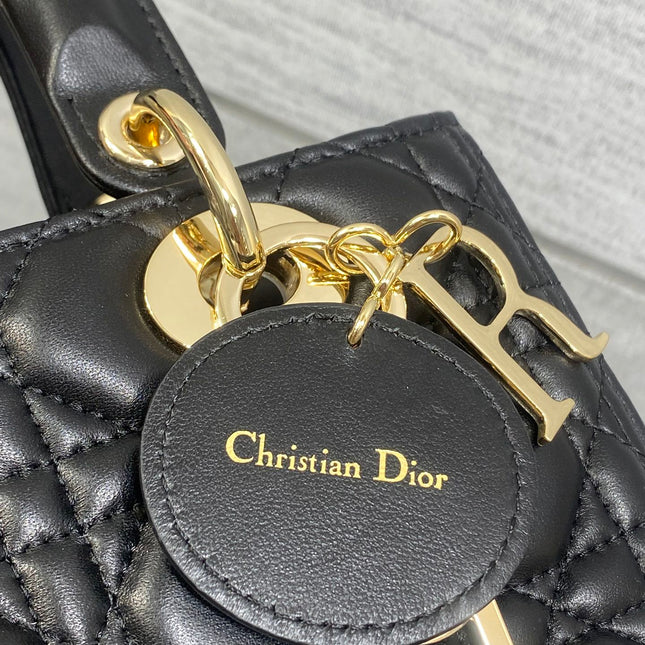 DIOR 25S MEDIUM LADY BAG 24 IN BLACK CALFSKIN GOLD HARDWARE