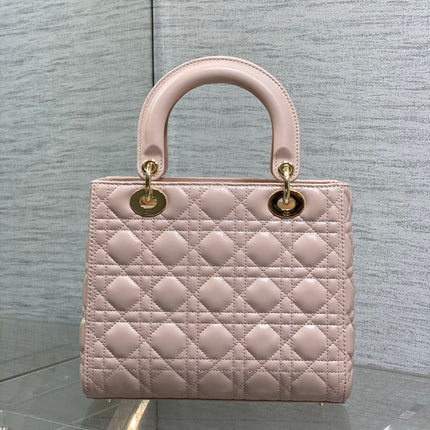 DIOR 25S MEDIUM LADY BAG 24 IN PINK CALFSKIN GOLD HARDWARE
