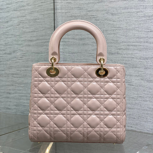 DIOR 25S MEDIUM LADY BAG 24 IN PINK CALFSKIN GOLD HARDWARE