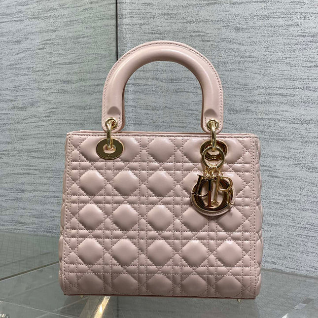 DIOR 25S MEDIUM LADY BAG 24 IN PINK CALFSKIN GOLD HARDWARE