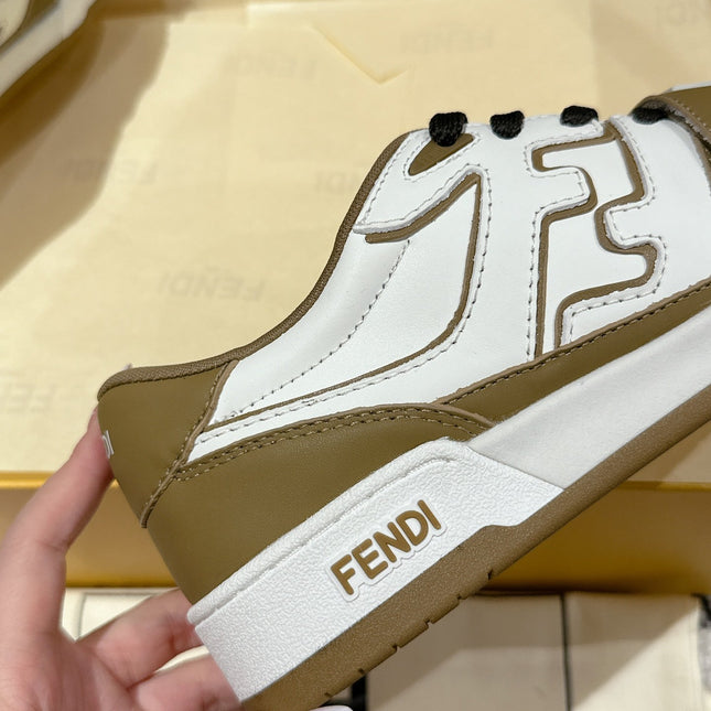 FENDI MATCH LOW-TOPS IN DARK TAN MIX WHITE CALFSKIN