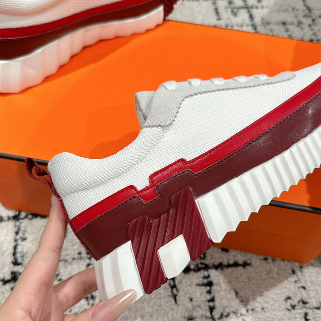 BOUNCING SNEAKER IN WINE RED CALFSKIN AND WHITE FABRIC