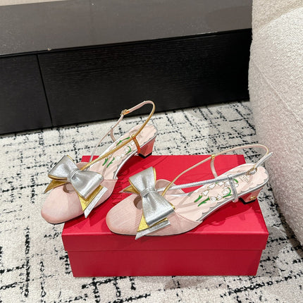 VLTN HIGH HEEL 25S 40 MM IN LIGHT PINK FABRIC MIX SILVER CALFSKIN WITH BOW